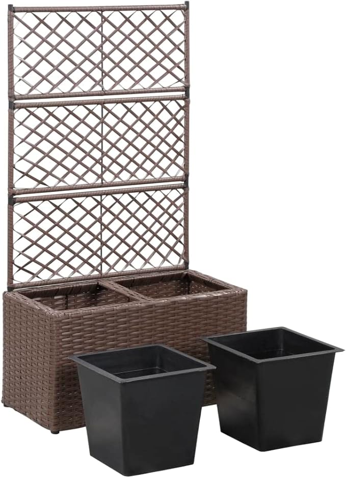 Trellis Raised Bed with 2 Pots garden planters outdoor above ground garden boxes for growing vegetables flowers herbs DIY gardening 22.8x11.8x42.1 Poly Rattan Brown