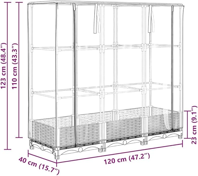 Raised Garden Bed with Greenhouse Cover Grey Polypropylene Rattan Look 15.7x47.2x48.4 in Outdoor Planter Box for Vegetables Herbs Flowers Gardening