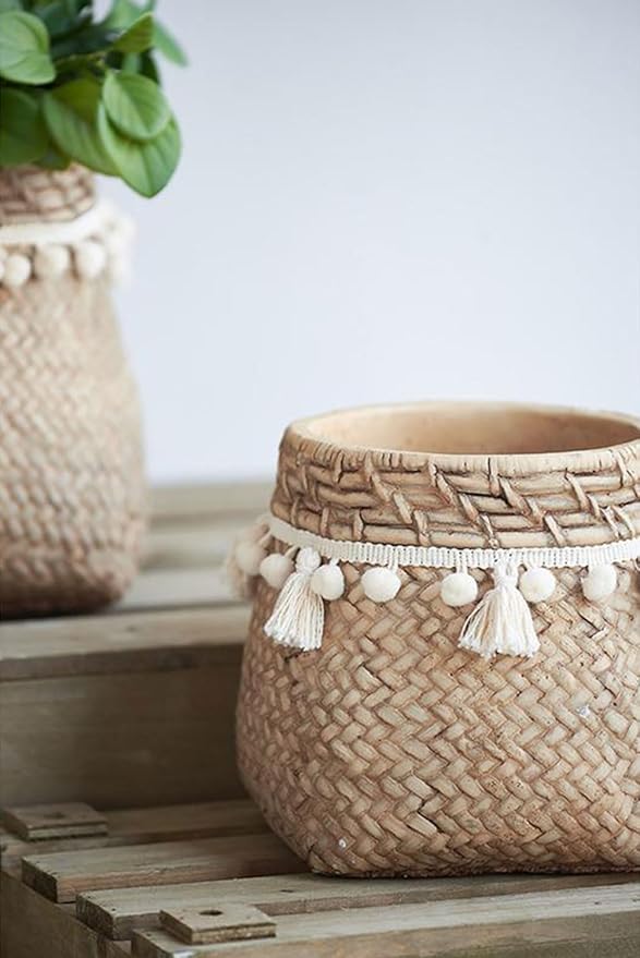 Set of 2 6.5x6.5x6 Brown Cement Planter with Woven Tassel Accent