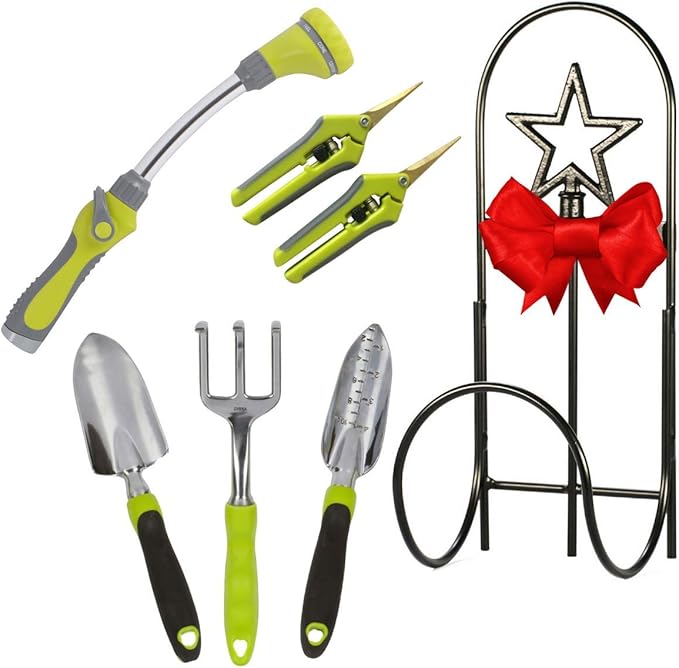 Ultimate Gardening Tool Set - Includes Wrought Iron Hose HolderWatering Wand Garden Hand Tools and Set of Two Garden Scissors. Gardening Gifts for Men and Women