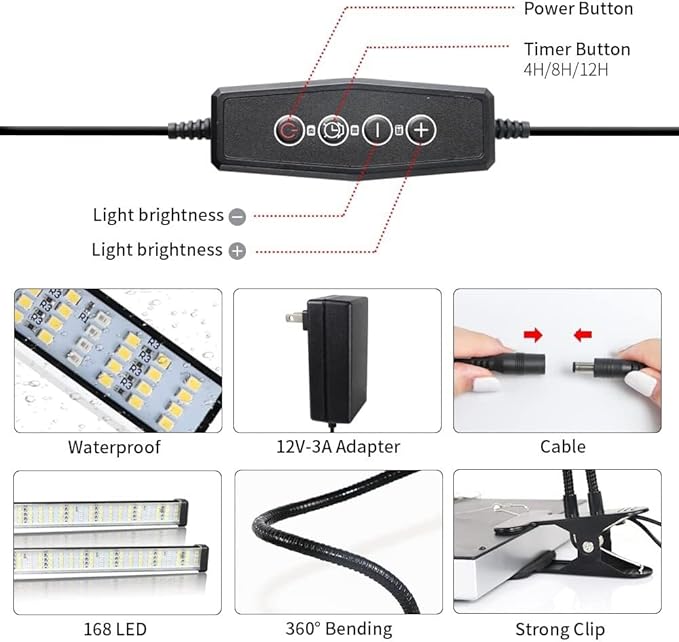 LED Grow Light Full Spectrum 6000K Clip Plant Light with White &amp Red LEDs - 5-Level Dimmable Auto Timer 4812H for Indoor Plants(2-Pack)