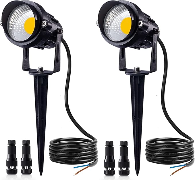 SUNVIE 12W Low Voltage Landscape Lighting LED Landscape Lights 3000K Waterproof Garden Pathway Lights 12V Outdoor Spotlights with Spike Stand 2 Pack with Connectors