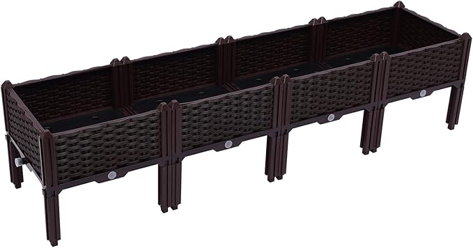 4 Pcs Raised Garden Bed with Legs Outdoor Elevated Planted Box with Drain Holes Plastic Raised Planter Box Set for Gardens Patios Decks Balconies Brown