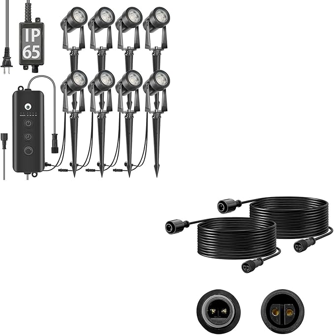 SUNTHIN 8 Pack Landscape Lighting with Dusk to Dawn Sensor Controller Bundle with 2pcs 6.5FT Extension Cord