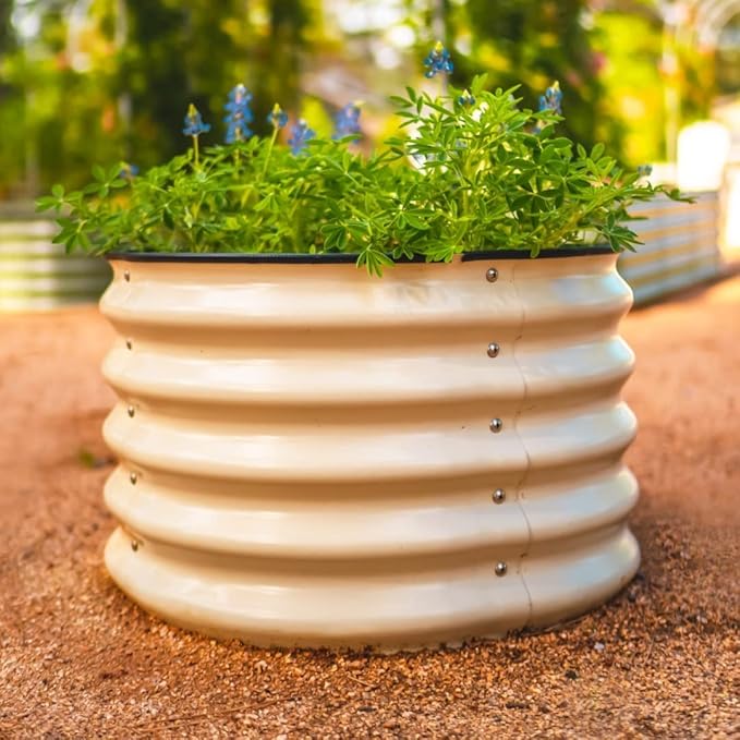 17 Tall Herb Raised Garden Bed for Basil Lavender Sages 24 Wide Round Fruit Tomato Planter Box for Gardening Blueberries Figs Flower Metal Pot Container for Rose Twin Pack Pearl White