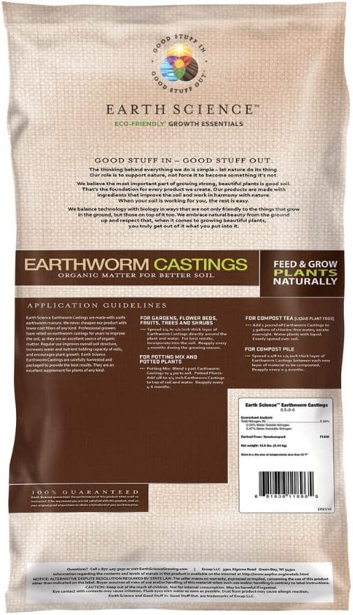 Earth Science – Earthworm Castings – Premium Plant Fertilizer for Indoor &amp Outdoor Plants – Soil Enhancer for Vegetable Gardens 12lb