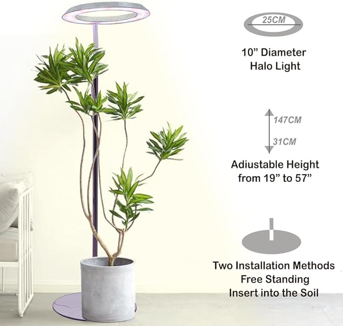 Qux 10” Halo Pro Grow LightFull Spectrum LED Freestanting Plant Grow Lamp for Indoor Larger Plants with 3 Kind of Light Colors switchover &amp 10-Level DimmableAuto On Off Timing 4/8/12Hrs (Relief)