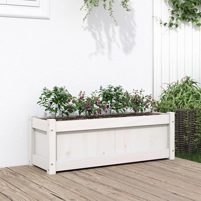 White Solid Pine Wood Garden Planter Rectangular Raised Bed for Outdoor Plants 35.4 x 35.4 x 12.2 inches Durable Decorative Inlays