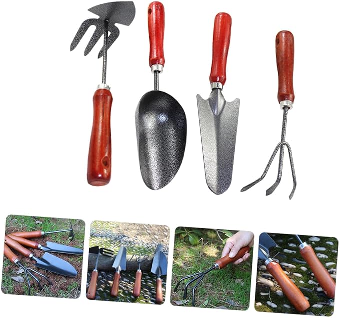 4pcs Mini Gardening Tool Set with Metal Hand Trowel Narrow Extended Shovel Dual-use Hoe and Rake and Soil Scoop – Compact Garden Shovels for Flower Planting and Vegetable