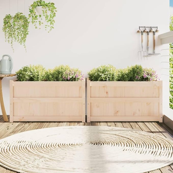 Garden Planter Set of 2 Natural Wood Color Solid Pine Rectangular Raised Garden Bed Outdoor Planters for Flowers Herbs Vegetables