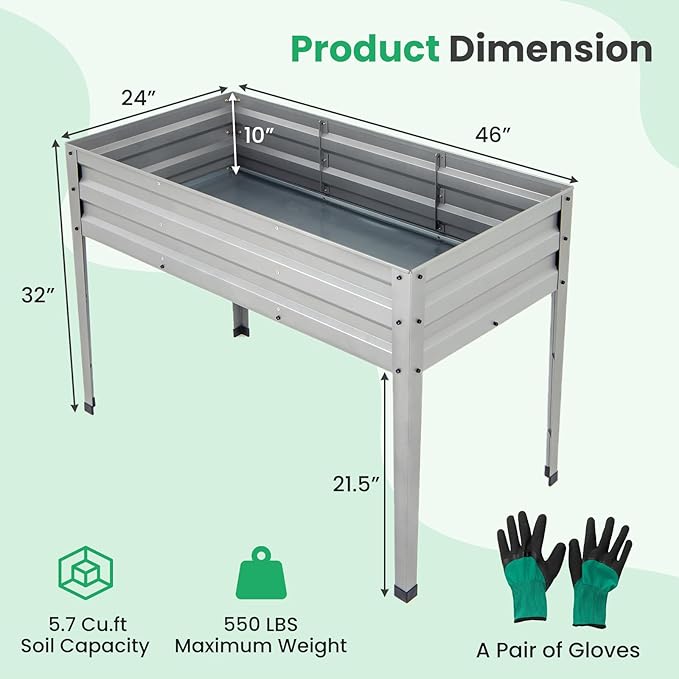 Giantex Raised Garden Bed with Legs 46”x24”x32” Galvanized Steel Planter Box with Drainage Holes for Vegetables Flowers &amp Fruits Freestanding Elevated Planting Bed Easy Assembly (Silver)