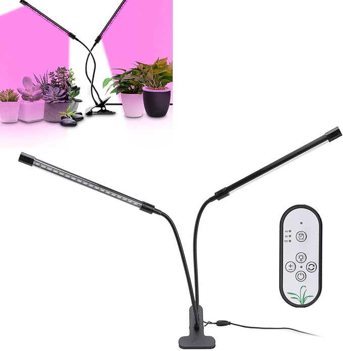 Plant Grow Light with Dual Head Clip 30W USB Powered Full Dimmable and Timing Functions - Adjustable Brightness Flexible 360° Hose Ideal for Indoor Plants