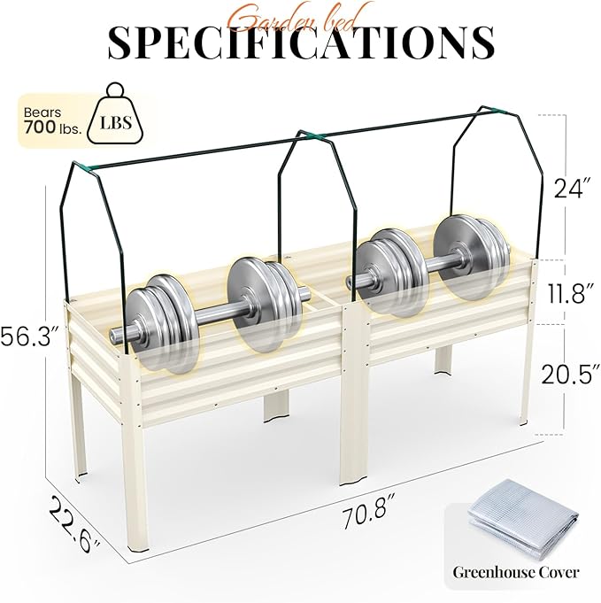 KING BIRD Large Raised Garden Bed with Cover Galvanized Elevated Planter Box with Legs 72×23×55 in for Backyard Patio Balcony 700lb Capacity Beige