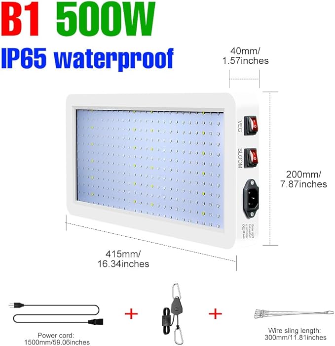 500W Green Gorw Light LED Full Spectrum Indoor Planting Lamps UV IR Plant Panel Lights Veg/Bloom 2Modes Dimmable AC100-277V Sunlight Fill Lighting Red Bule Greenhouse Tent Hydroponic with Hook US Plug