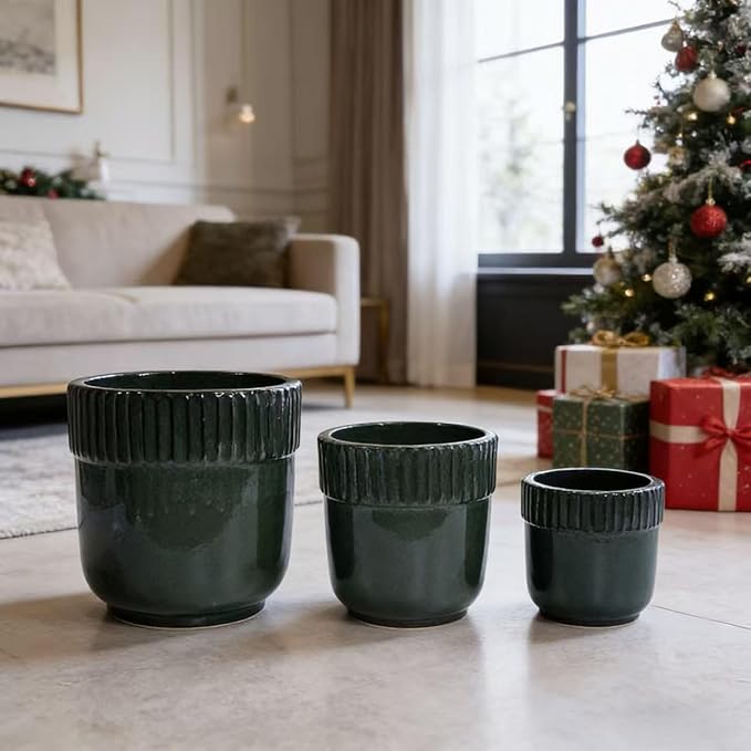 Handmade Ceramic Planter Set of 3 15149 Inch Diameter Black Ribbed Pattern for Succulents IndoorOutdoor Use on Windowsill Bookshelf Breathable Clay