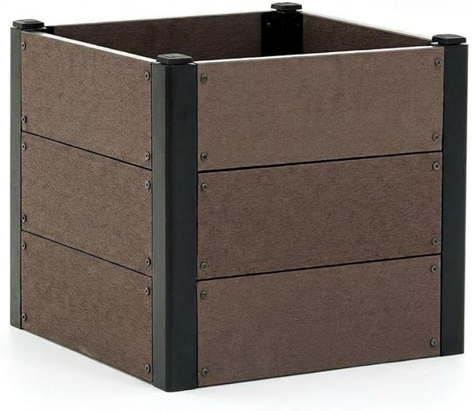 IDEALHOUSE 25.2×25.2×23.6 Raised Garden Bed Wood-Look WPC Composite Planter Box Outdoor Deep Root Design Planter with Metal Frame for Vegetables Flowers Herbs Drainage Holes