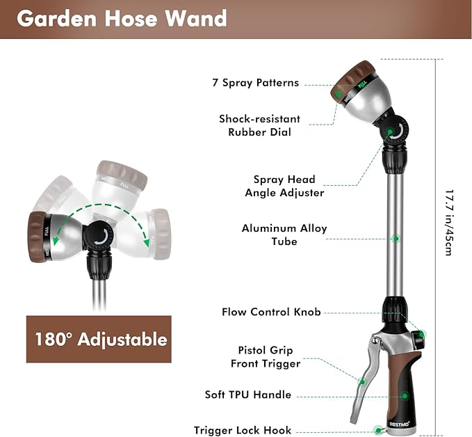 RESTMO Metal Watering Wand Heavy Duty Garden Hose Wand with 180° Swivel Ratcheting Head 16'' Hose Nozzle Sprayer with 7 Spray Patterns and Flow Control for Water Hanging Baskets and Shrubs Brown