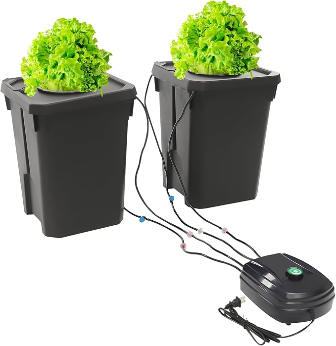 2 Buckets DWC Hydroponics Grow System with 5-Gallon Deep Water Culture Recirculating Drip Garden System Kit Hydroponics Growing System Kit with Air Pump &amp Top Drip Kit for Indoor Outdoor Plants