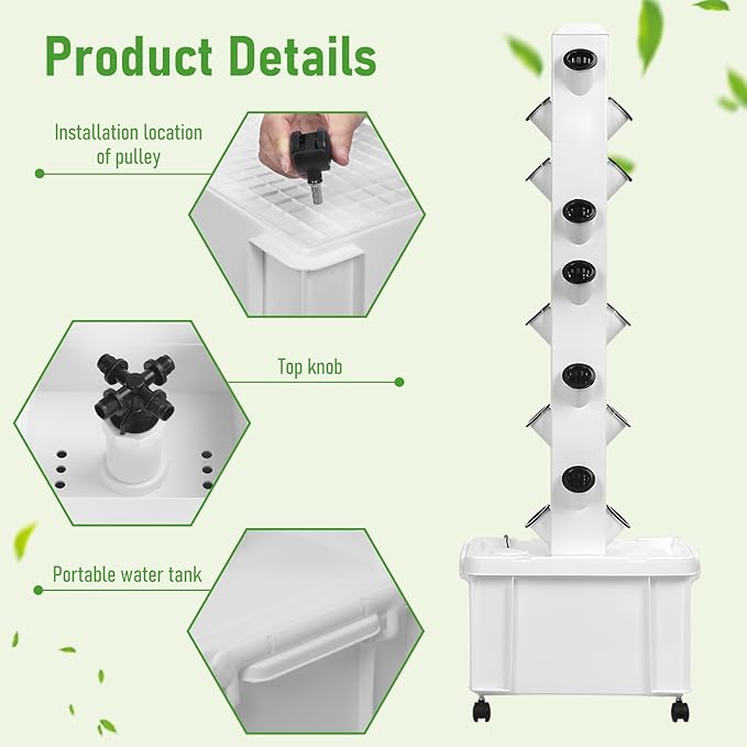 Hydroponic Tower | Vertical Planter Tower | Indoor Vertical Tower Garden System Kit with 24 Net Pots | 5 Layers Herb Garden Planter Indoor Kit with Water Pump and Wheels for Gardening Lover