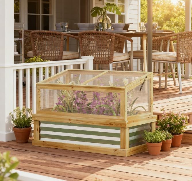 All-in-One Raised Garden Bed with Attached Greenhouse Wooden Cold Frame Planter Converts for 4-Season Growing Complete Flower &amp Vegetable Kit