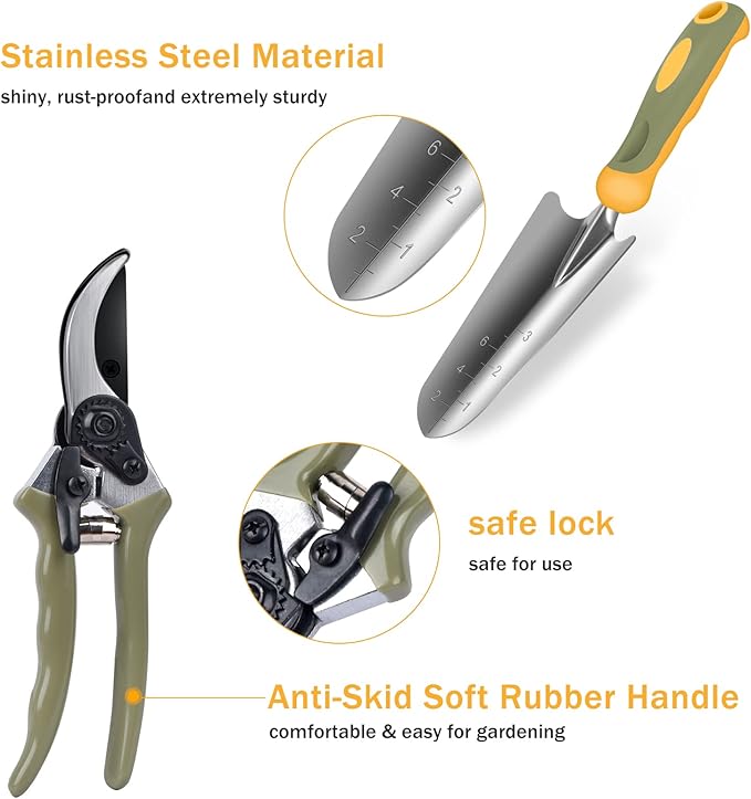 Garden Tool Set WisaKey 9 Piece Stainless Steel Heavy Duty Gardening Hand Tools with Handle Durable Garden Tool Bag Gardening Gifts for Women and Men Valentine's Gift for Woman