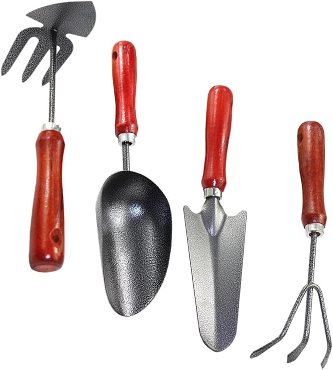 Luxshiny 4pcs Gardening Tool Set Mini Metal Spade Hand Trowel Rake Cultivator with Extended Narrow Shovel for Flower Planting and Vegetable Garden Maintenance