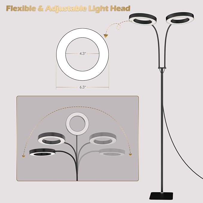 GLOWRIUM Grow Lights for Indoor Plants Full Spectrum LED Grow Light Floor Lamp with Stand Adjustable Height and Angle Black Plant Light with 3/9/12H Grow Light Timer (Black 36W)