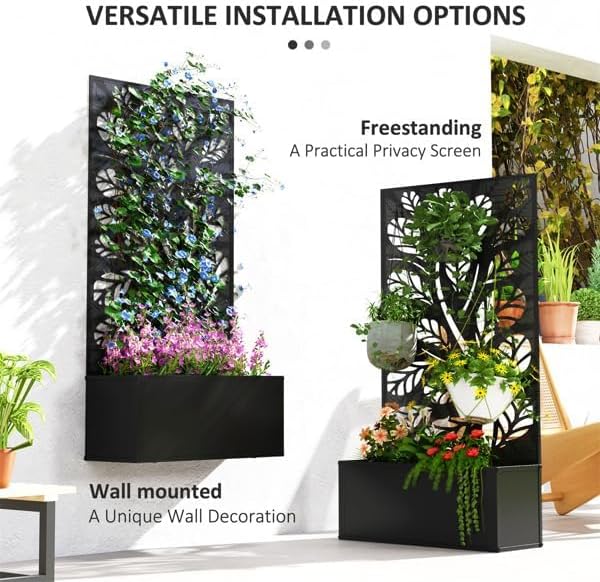 Metal Raised Garden Bed with Trellis Galvanized Planter Metal Planter Box with Trellis 24 L x 9.1 W x 44.5 H (Branches and Leaves)