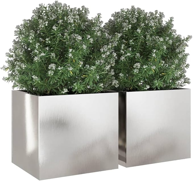 Set of 2 Silver Stainless Steel Rectangular Modern Planter Boxes 11.8x12.6x11.4 in Rust-Resistant Elevated Garden Beds Outdoor for Patio Balcony and Terrace