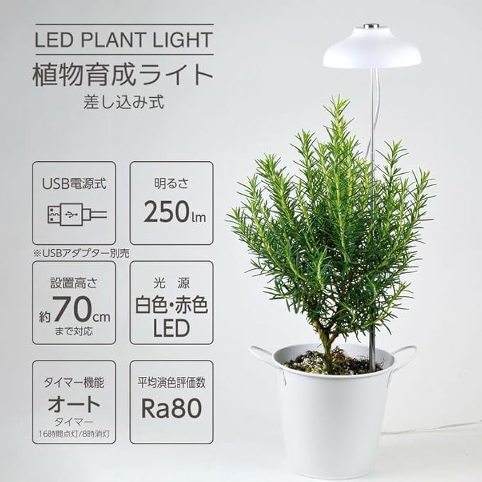 Ohm Electric TT-YG01NA1A-W 06-5237 LED Indoor Plant Growing Light Eliminates Lack of Sunlight Automatically Turns On and Off with Timer House Plants Indoor Cultivation Plug-in Type USB Powered