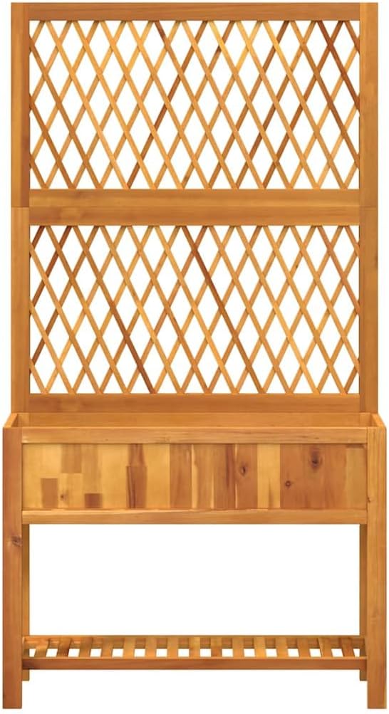Large Natural Acacia Wood Planter with Trellis and Shelf Durable Solid Acacia Raised Garden Bed for Outdoor Plants 12.6x39.4x72.8 Inches