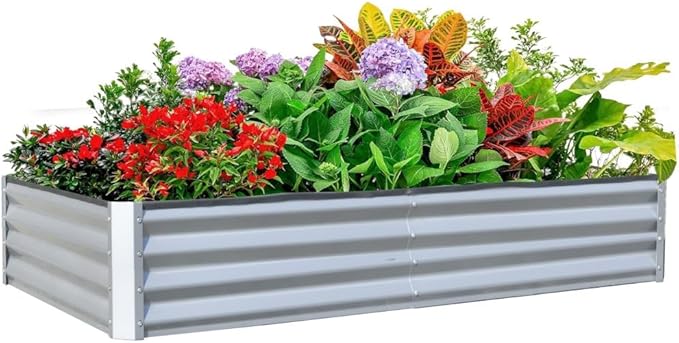 Heavy-Duty Galvanized Steel Raised Garden Bed for Outdoor Vegetable Fruit and Flower Planting – Rust-Resistant Metal Planter Box (8x4x1ft (Silver))