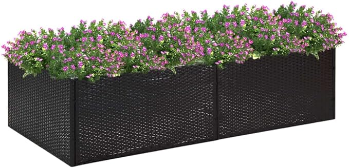 61.8x61.8 Black PE Rattan Large Outdoor Garden Planter Box with Steel Frame Modern Rectangle Patio Raised Bed for Flowers Herbs Tomatoes Balcony &amp Terrace Use