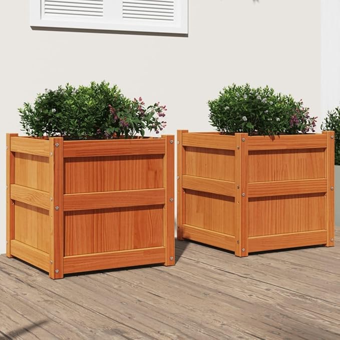 Raised Garden Bed Planters 2 Pcs Wax Brown Solid Pine Wood Outdoor Planters for Garden Patio and Balcony – Raised Garden Box for Vegetables Flowers and Herbs