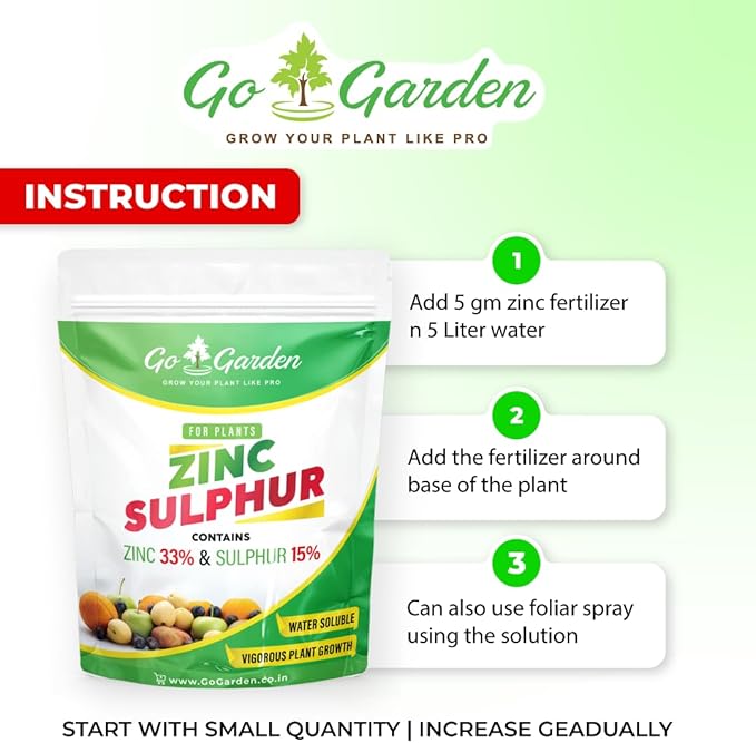 Go Garden Zinc Sulphate (33%) Fertilizers - Boost Plant Growth and Health (Zinc 33% and Sulphur 15%) Micronutrient Fertilizer for All Types of Plants Lawn and Gardening 250 G