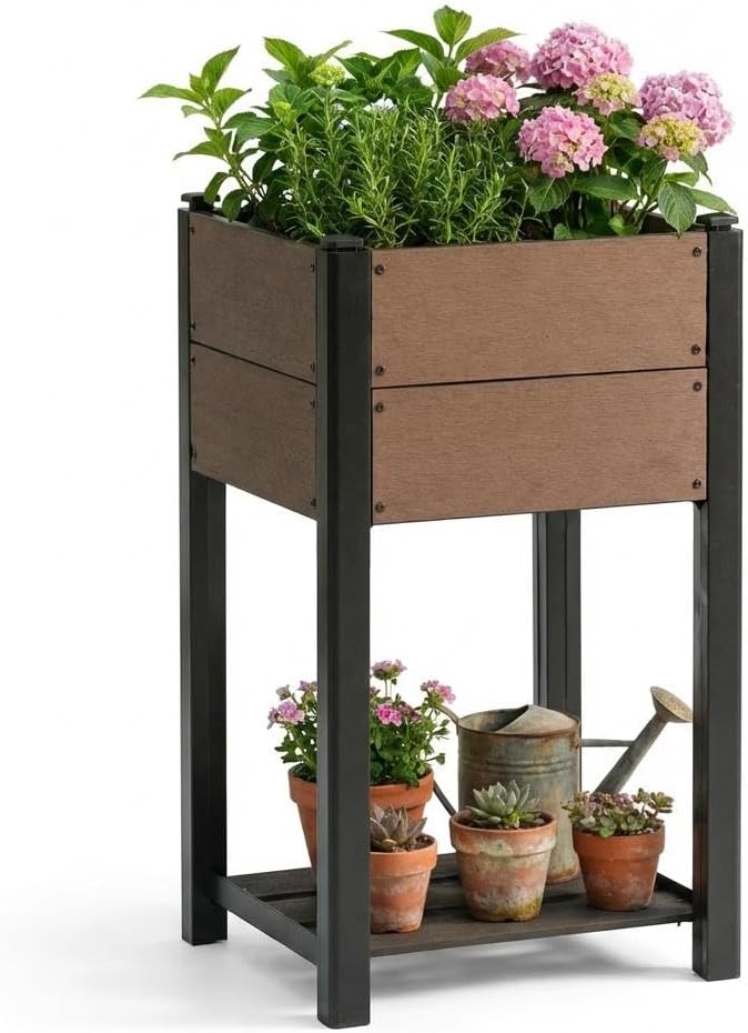 IDEALHOUSE 19.37x19.37x33.46 Raised Garden Bed HDPE Elevated Planter Box with Sturdy Aluminum Frame Wood Grain Outdoor Planter with Storage Shelf for Patio Balcony Lawn