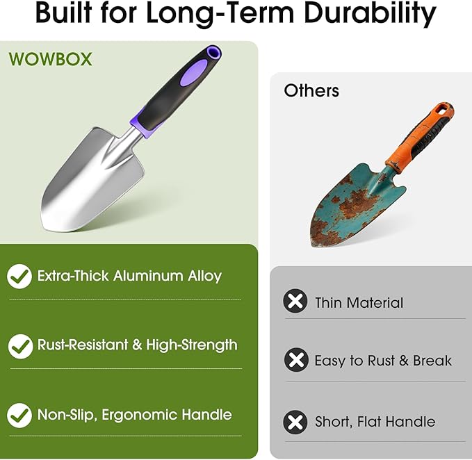 WOWBOX Garden Tools Set - 10 PCS Heavy Duty Gardening Hand Tools Kit with Storage Tote Rust-Resistant Gardening Supplies for Planting with Non-Slip Ergonomic Handle for Women and Men (Purple)