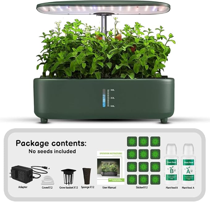 Hydroponics Growing System Kit - 12 Pods Indoor Herb Garden with LED Grow Light Auto Timer Adjustable Height up to 17 - Ideal for Home Birthday &amp Mother's Day Gifts for Women (Dark Green)