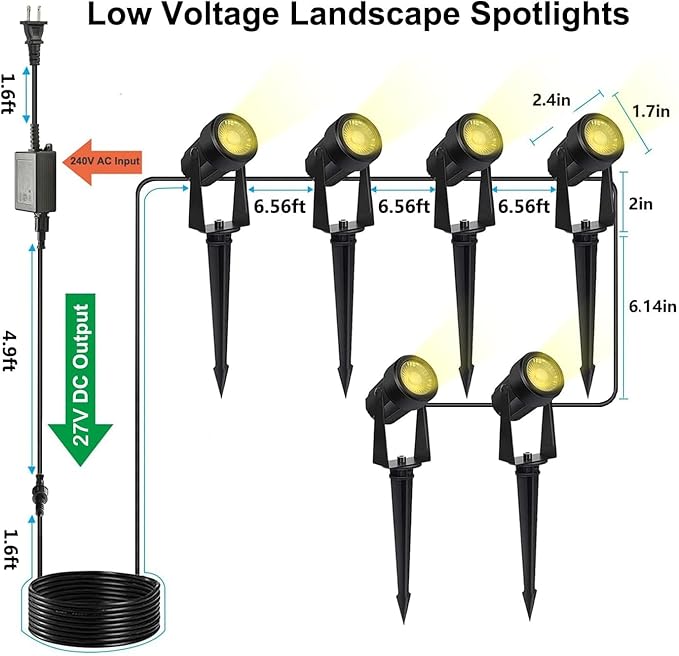 SUNTHIN 6 Pack Warm White Landscape Lighting with 2pcs 6.5FT Extension Cord for Outdoor Extend The Illumination Range