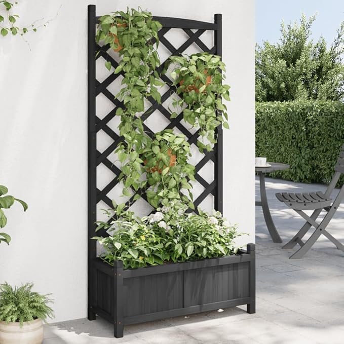 Black Matte Fir-Wood Trellis Planter 59.1 Tall Raised Garden Bed with Drainage Holes for Patio Balcony Outdoor Indoor Climbing Plants Large Rectangular Container