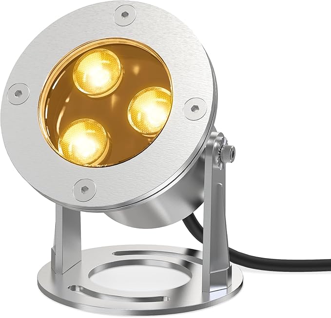 LED Pond Lights Submersible 9W 3000K Warm White 12V AC/DC Stainless Steel Light Fixture IP68 Waterproof Rating Suitable for Pond and Fountains Landscape Lighting