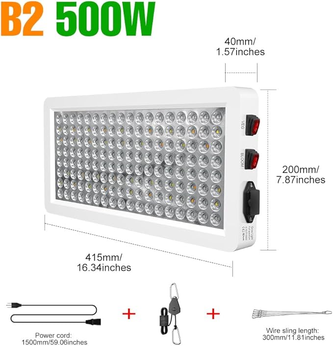 500W Full Spectrum LED Plants Growth Lights UV IR Indoor Seeds Fill Lamps Veg/Bloom Modes Dimmable Greenhouse Tent Hydroponic Lighting 100-277V for Gardening Succulent Cactus Bonsai wtih Hook US Plug