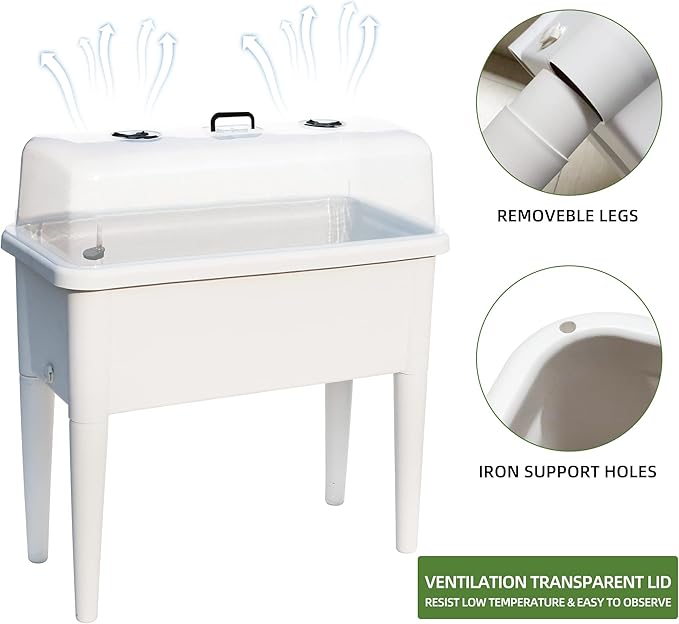Dexceder 13.2 Gallon Self Watering Raised Garden Bed with Ventilation Transparent Lid Greenhouse Deepen Vegetable Flower Box Planter Pot with Removeble Legs &amp Water Level Indicator (White)
