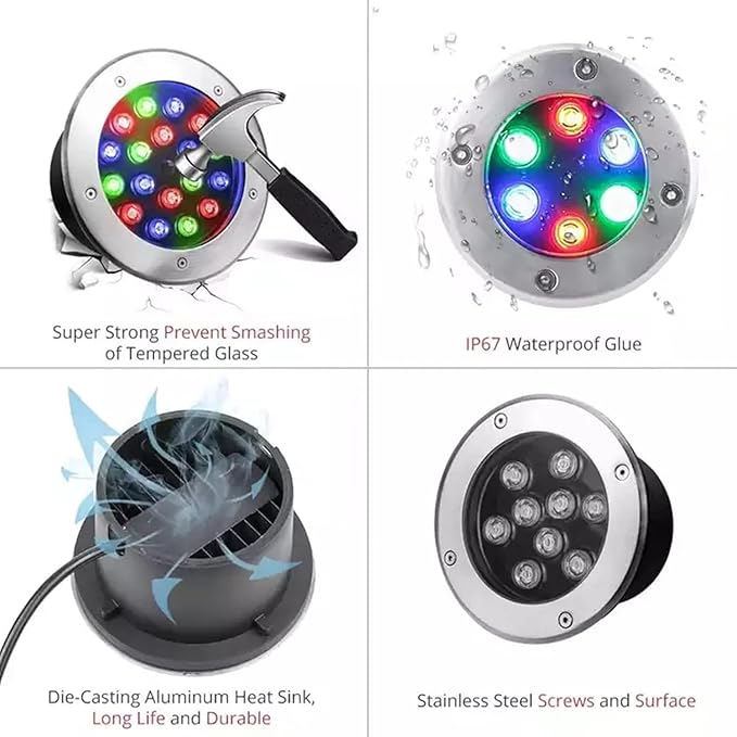 LED Underwater Fountain Light - RGB Color Change Outdoor Spotlights with RF Remote Control Recessed Spotlight IP68 Waterproof Buried Garden Lamp LED Underwater Recessed Spotlight(9w24v)