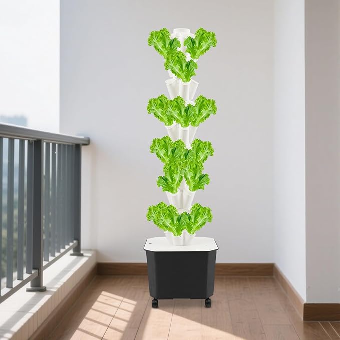 Hydroponics Vertical Growing Kit 10 Tiers 50 Planting Holes Hydroponic Growing Kit Vertical Plant-Growing Kit with 5 Wheels (4 with Brakes) for Gardening Lover (White)