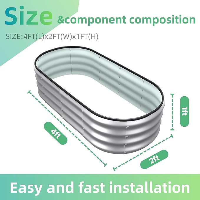 4x2x1 ft Oval Galvanized Metal Raised Garden Beds Thickened Rust-Proof Flower Beds Outdoor Plant Planter Boxes(Silver 2PCS)