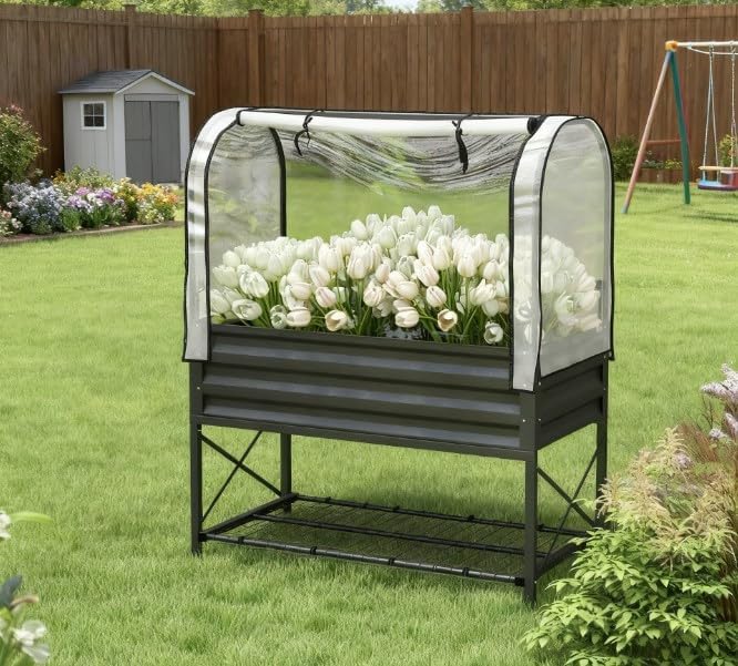 Metal Elevated Planter BoxRaised Garden Bed with Legs and Coverwith Bottom Shelf and Liner for Vegetables