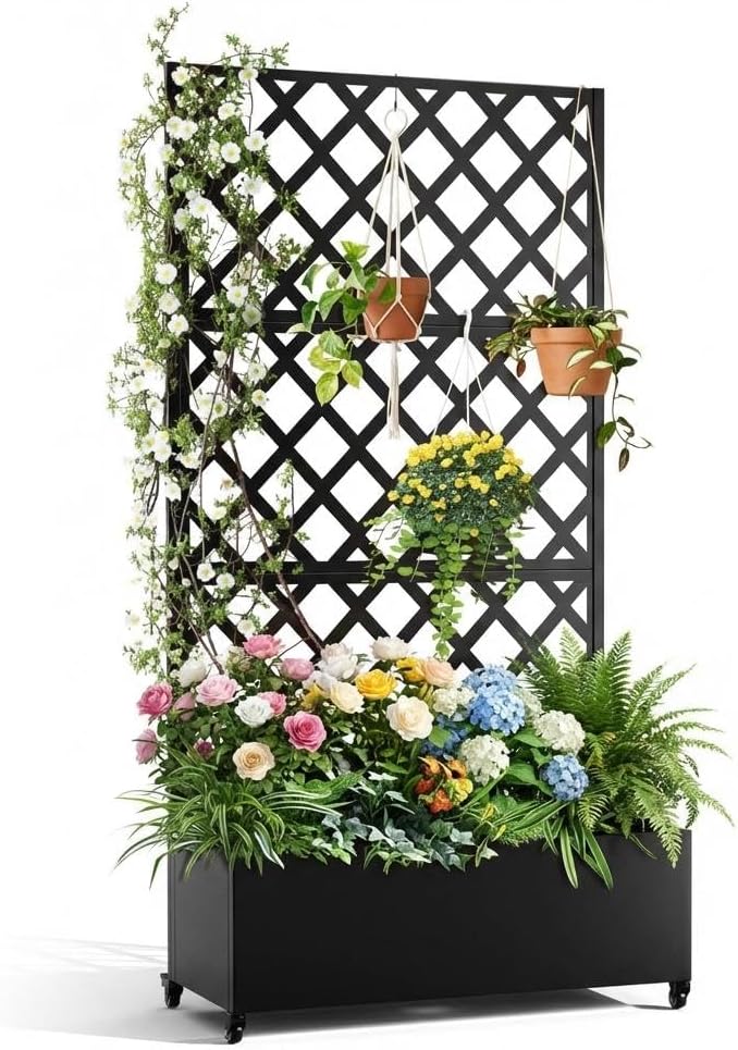 IDEALHOUSE Metal Planter Box with Trellis 72x35x15.7 Galvanized Raised Garden Bed on Wheels with Drainage Holes Outdoor Planter for Climbing Plants Vines &amp Privacy Screen Diamond Lattice