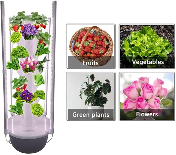 GRETEGO G&ampGO Hydroponics Growing System Kit with LED Grow Lights Aero Gardening System Hydroponic Tower 28 Net Pots Tomato Green Salad Strawberry Tower for Your Indoor Vegetable Garden