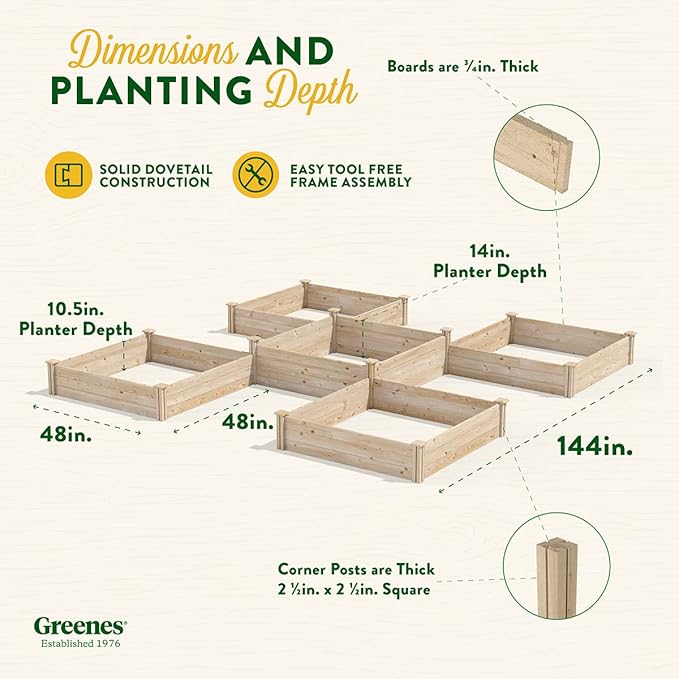 Greenes Fence Original Pine Raised Garden Bed 80 Sq. Ft. 12' x 12' x 10.5-14 - Made in USA with American Pine